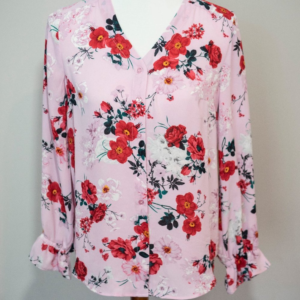 NWT T Tahari pink long sleeve blouse polyester XS